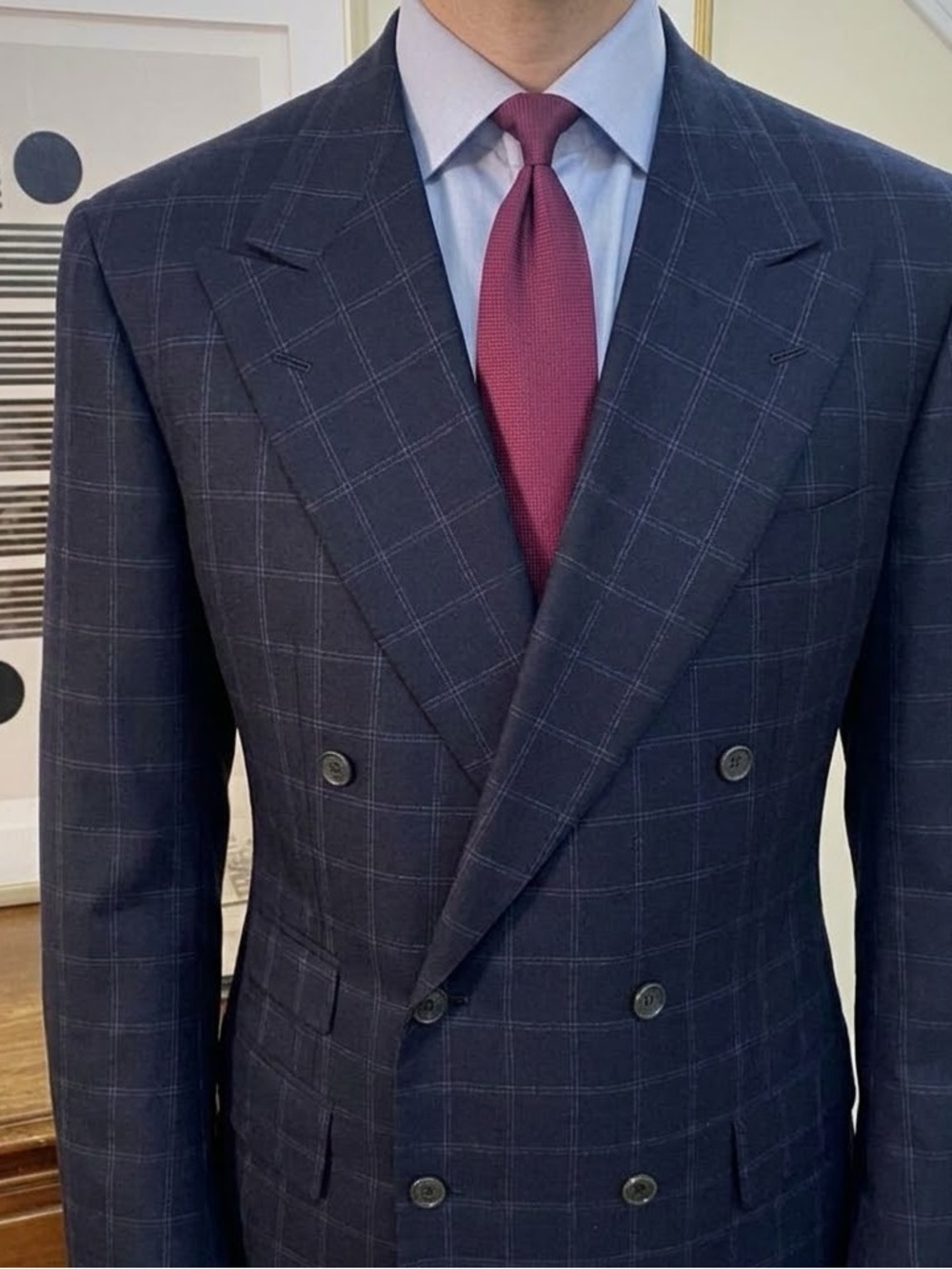 Kiton Deep Navy Double Breasted Windowpane Blazer | 42